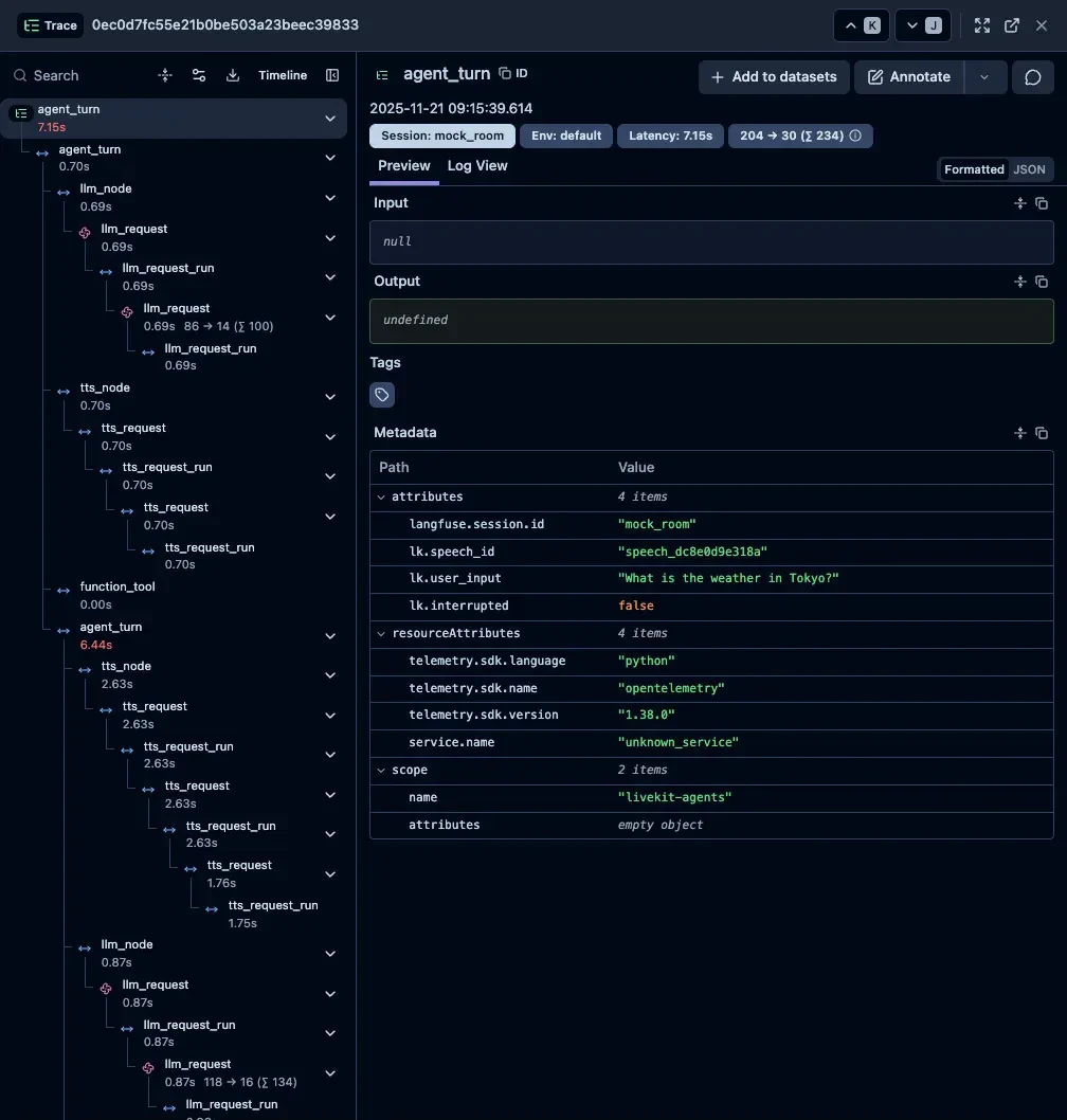 サンプルコードのagent_turnトレース(STT+LLM+TTS)