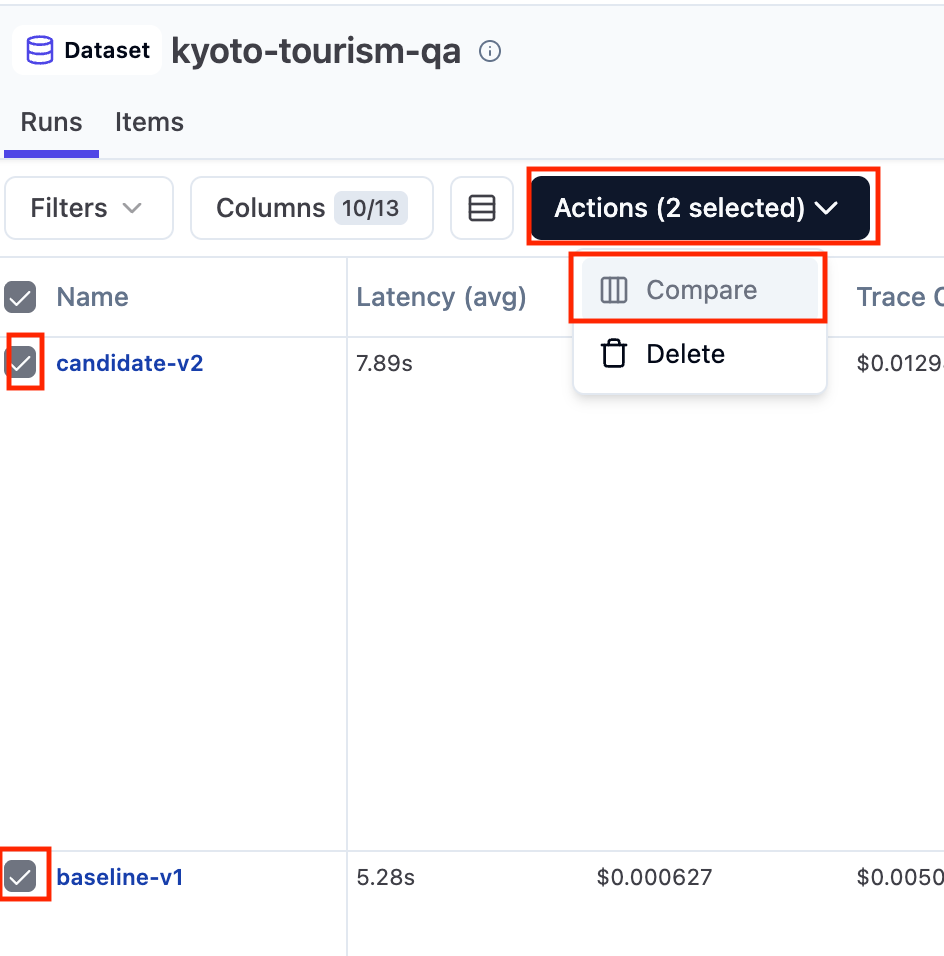 Compare Viewへのアクセス