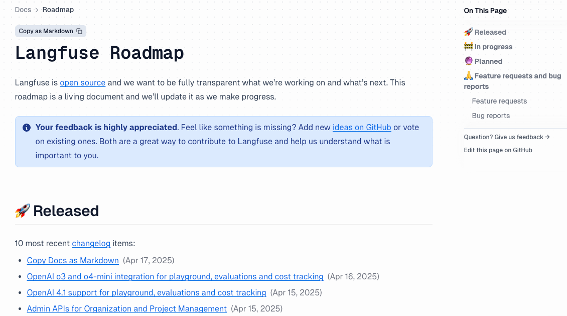 Langfuse は直近のリリース や 今後のロードマップをオープンに公開している