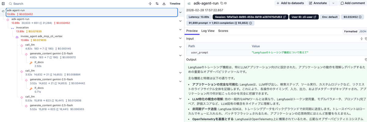 トップレベルのTraceにもちゃんと Input/Output が入ってる