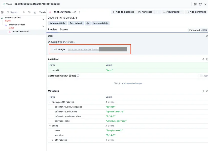 Langfuse UI に「Load Image」ボタンが表示される